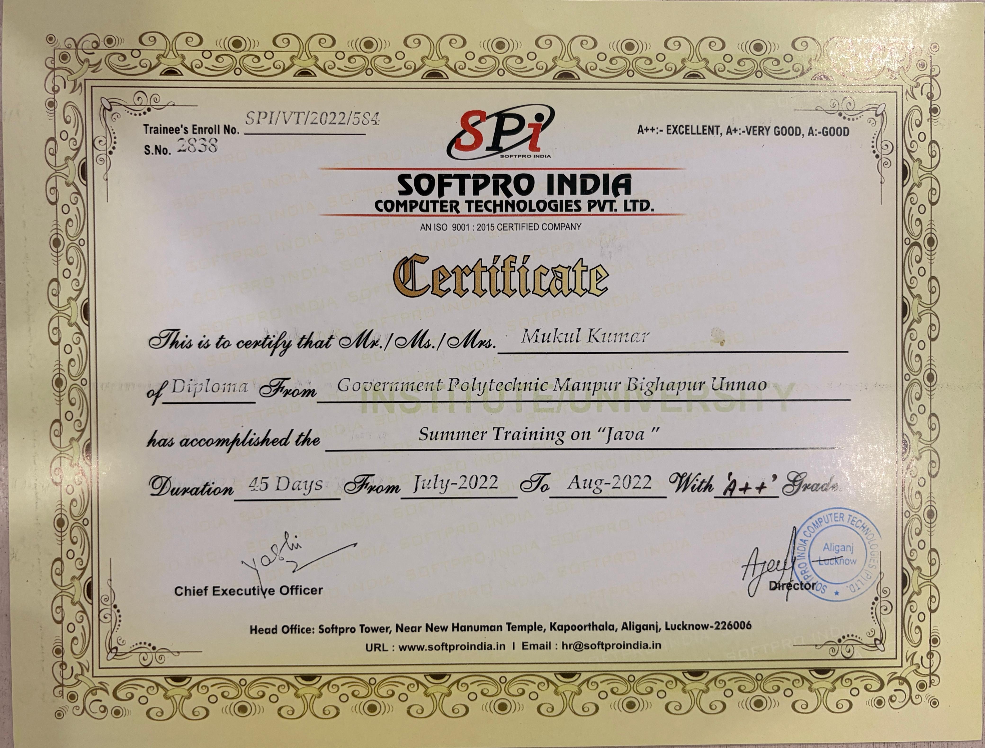 Java Training Certificate
