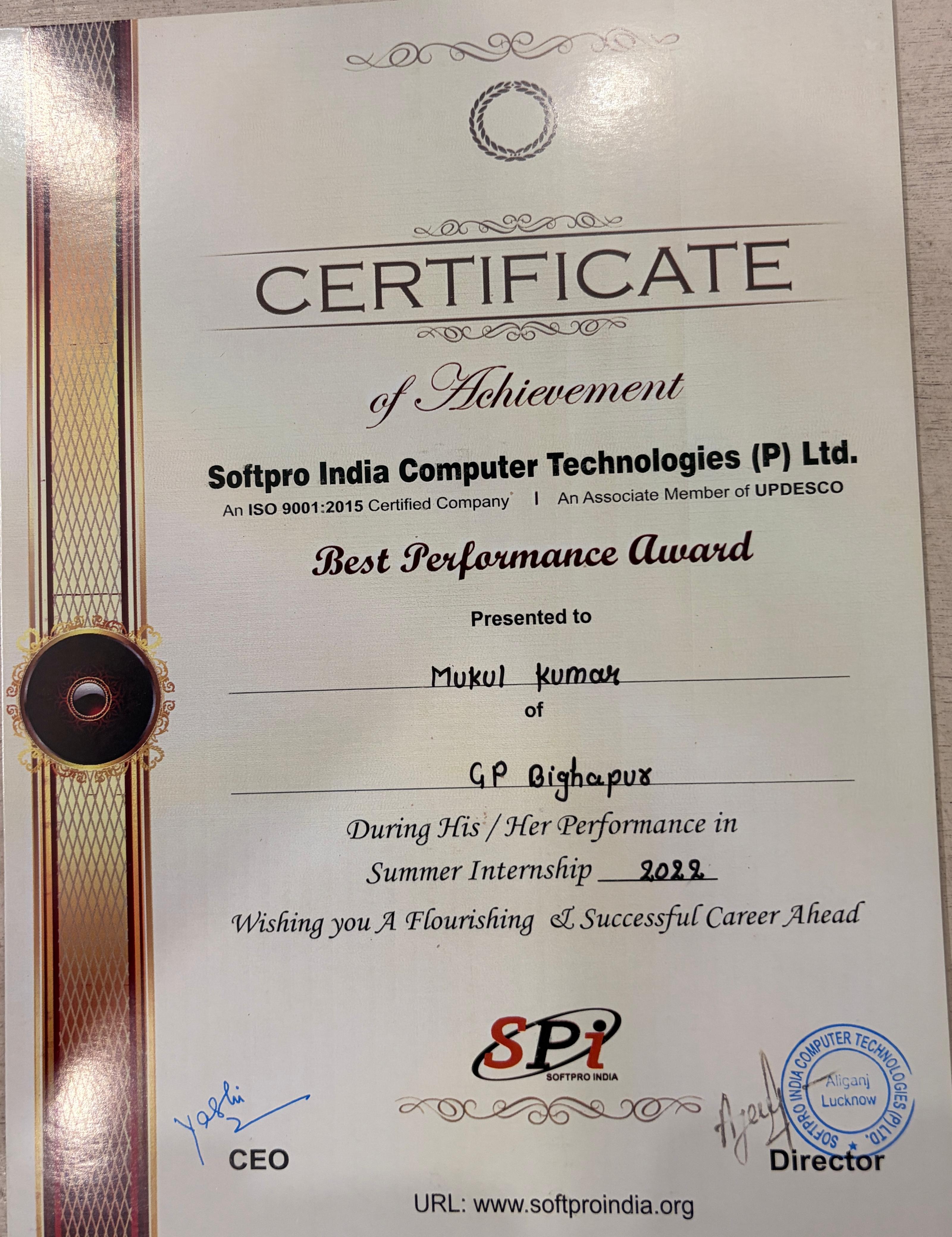 Best Performance Award Certificate